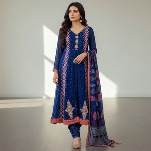 Women's Pakistani Indian 3-Piece Salwar Kameez Outfit Set - Small, Blue/Pink